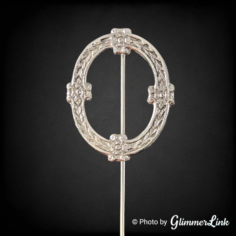 Vintage Art Nouveau Style Openwork Oval Floral Ornate Silver Tone Stick Pin